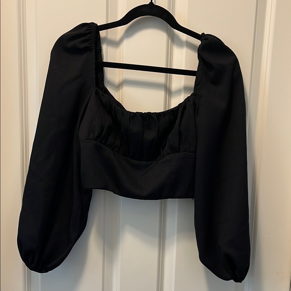Princess Polly Black Cropped Blouse with Puffed 3/4 Sleeves